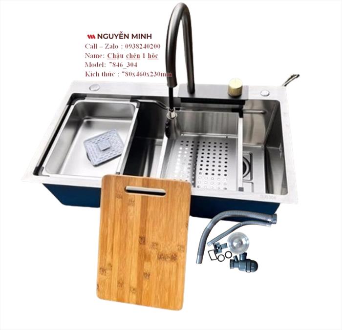 Bộ chậu rửa chén bát 1 hộc - vòi thác nước inox 304 đúc nguyên khối 